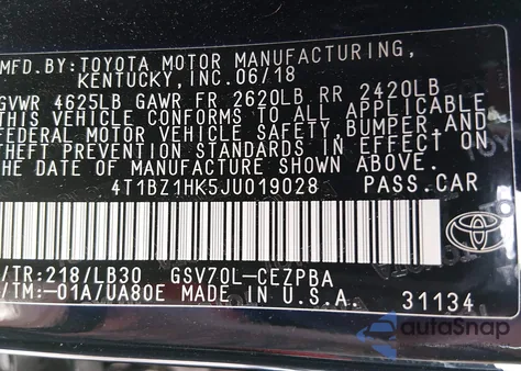2018 Toyota Camry Xse V6 z USA, uszkodzony, nr VIN 4T1BZ1HK5JU019028